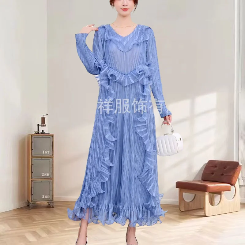 

Miyake Pleated Dress Plisse Fold2025 New V-neck Irregular Pleat Wood Ear Edge Pure Colour Temperament Big Size Pleats Dresses