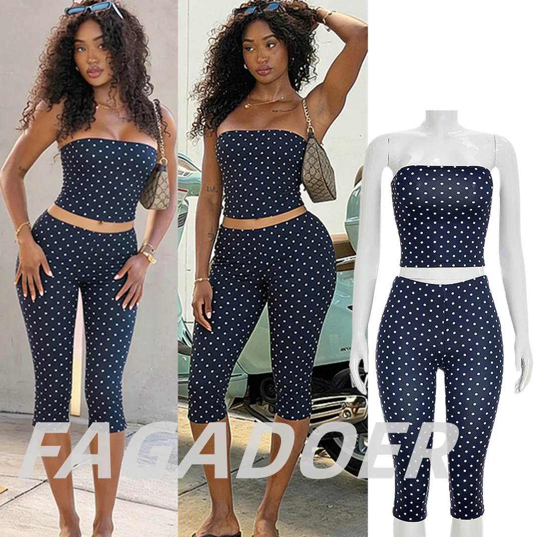 

FAGADOER Spring New Sexy Woman 2 Piece Set Outfit Polka Dot Print Sleeveless Backless Crop Top and Pants Female Streetwear 2026