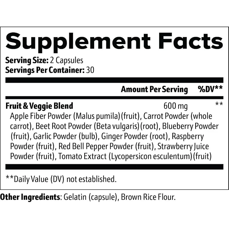 Herbal Fruit and Vegetable Capsules -apple Fiber, Beetroot, Carrot, Ginger, Blueberry, Etc. Digestive  Cellular Health Support