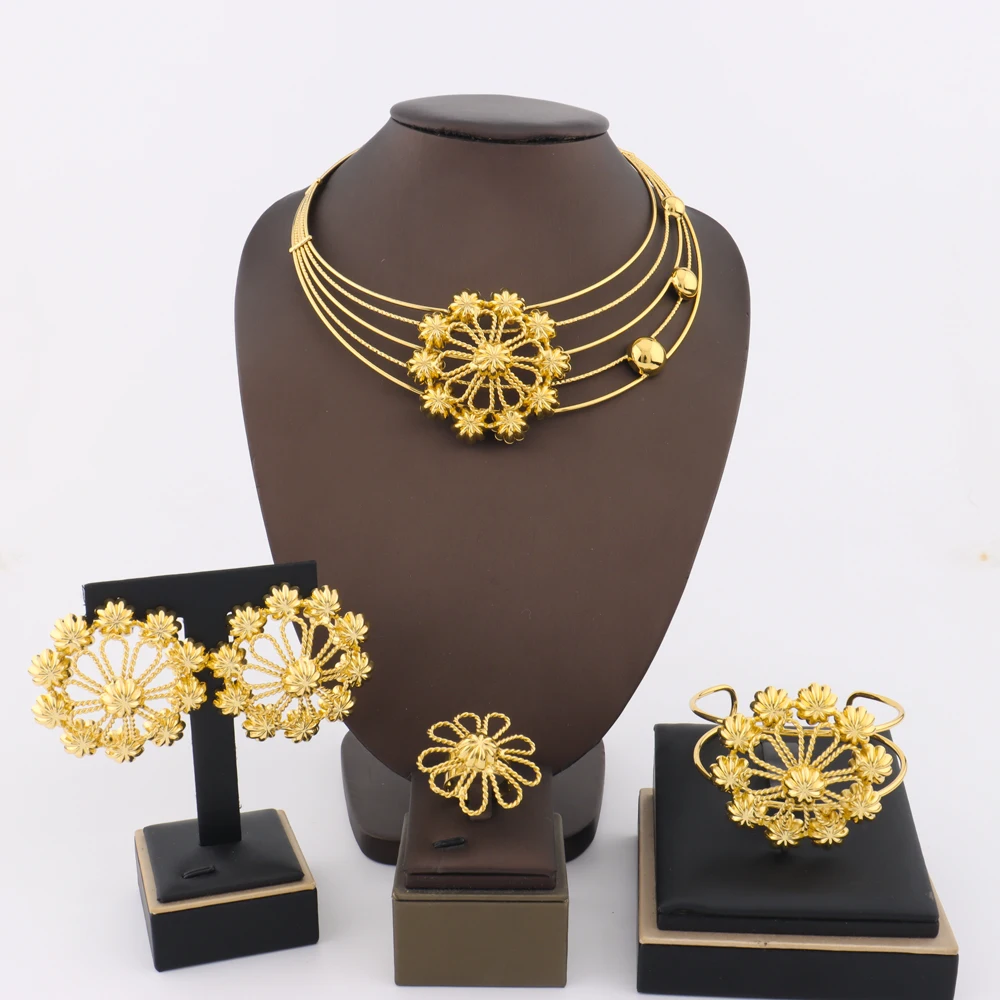 

YM 2025 Gold Color Hollow out Flowers Shape Jewelry Sets Charming Earrings Bangle Necklace and Ring Sets Gift For Wedding