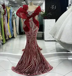 Arabic Dark Red Long Mermaid Wedding Evening Dresses Sparkling Crystals Beaded Formal Prom Night Gowns Custom Made Party Vestido