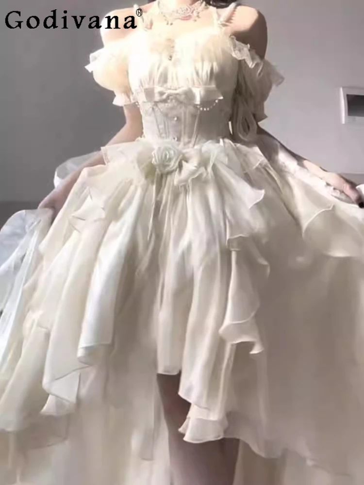 

Elegant French Fairy Ruffles Lolita Irregular Suspender Dress Fashion High Waist A-line Age Reduction Apricot Princess Dresses