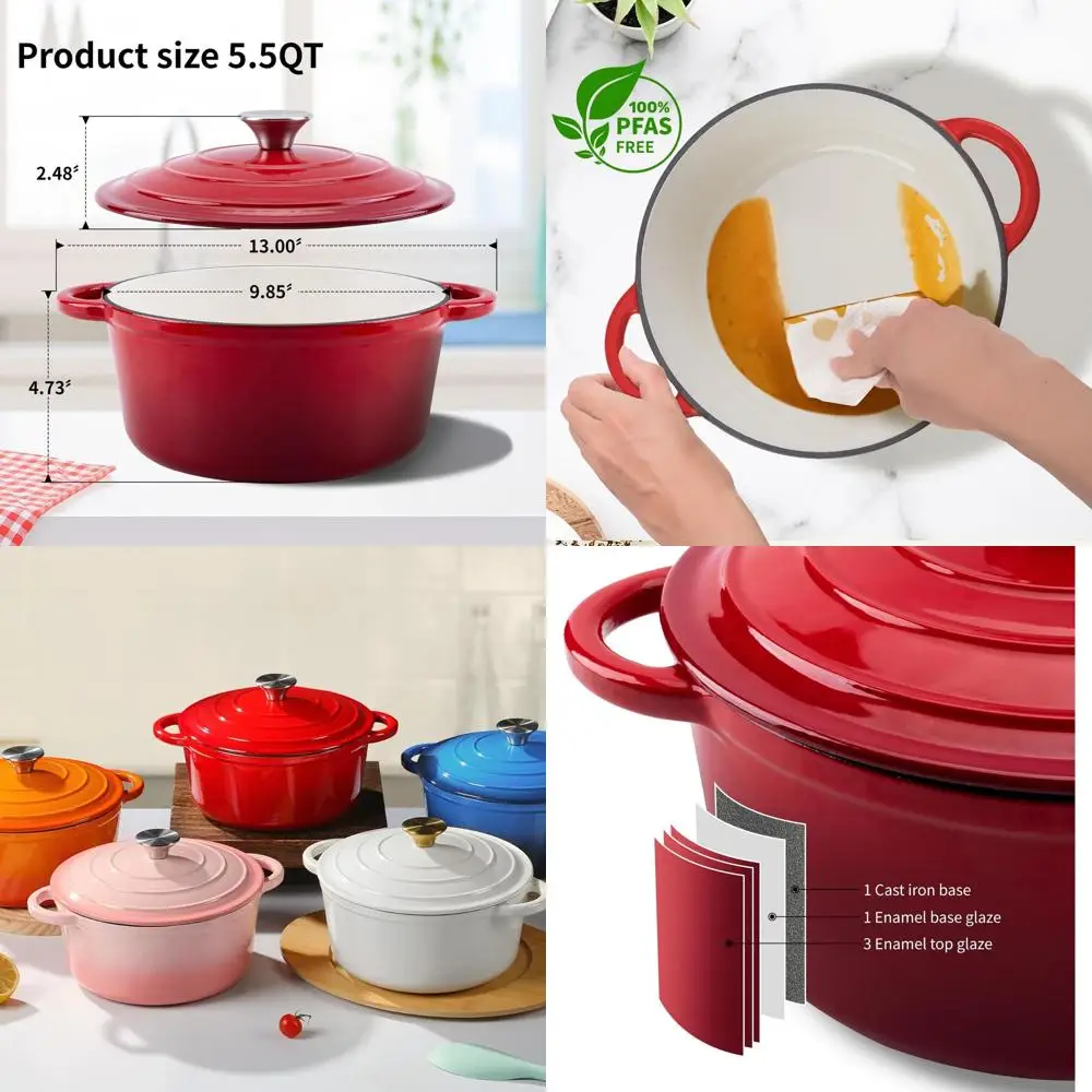 

Чугунная эмалированная кастрюля-духовка красного цвета, 5,5 кварт, с крышкой, идеально подходит для запекания, тушения, приготовления рагу и жарки, безопасна для использования в духовке до 500 градусов. ° Ф