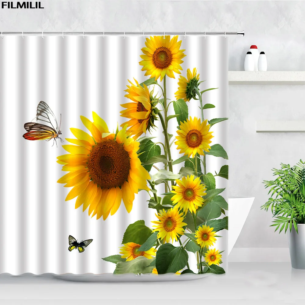 Nature Floral Butterfly Sunflower Shower Curtain Set Pink Flowers Colorful Tree Black White Stripes Bathroom Decor Bath Curtains