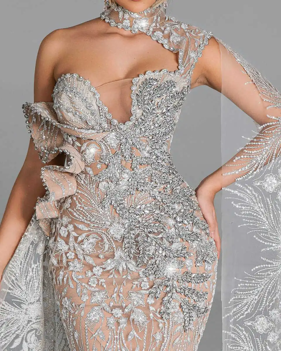 Vestido de novia de sirena Sexy, vestidos de novia con cuentas de lentejuelas y diamantes, Vestido de novia personalizado sin mangas con ilusión de un hombro