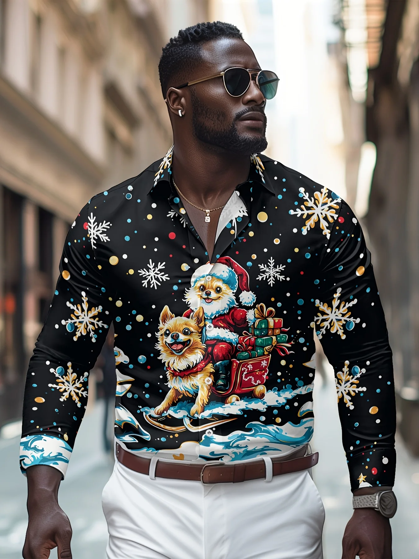 

Men's Festive Christmas Puppy Print Long Sleeve Button- Shirt - Santa Hat Dog Design, Holiday Casual Wear, Polyester Blend, Reg