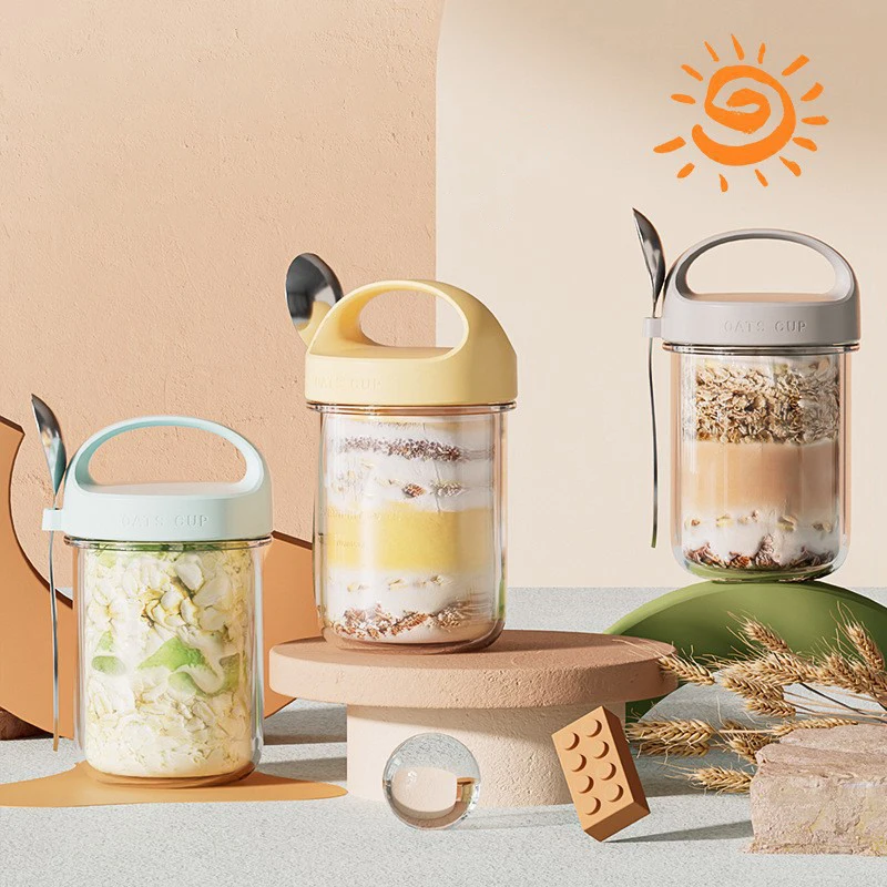 430ML Breakfast Cups Oatmeal Cereal Nut Yogurt Salad Cup Leakproof Glass Oats Container With Lid Spoon Food Storage Box