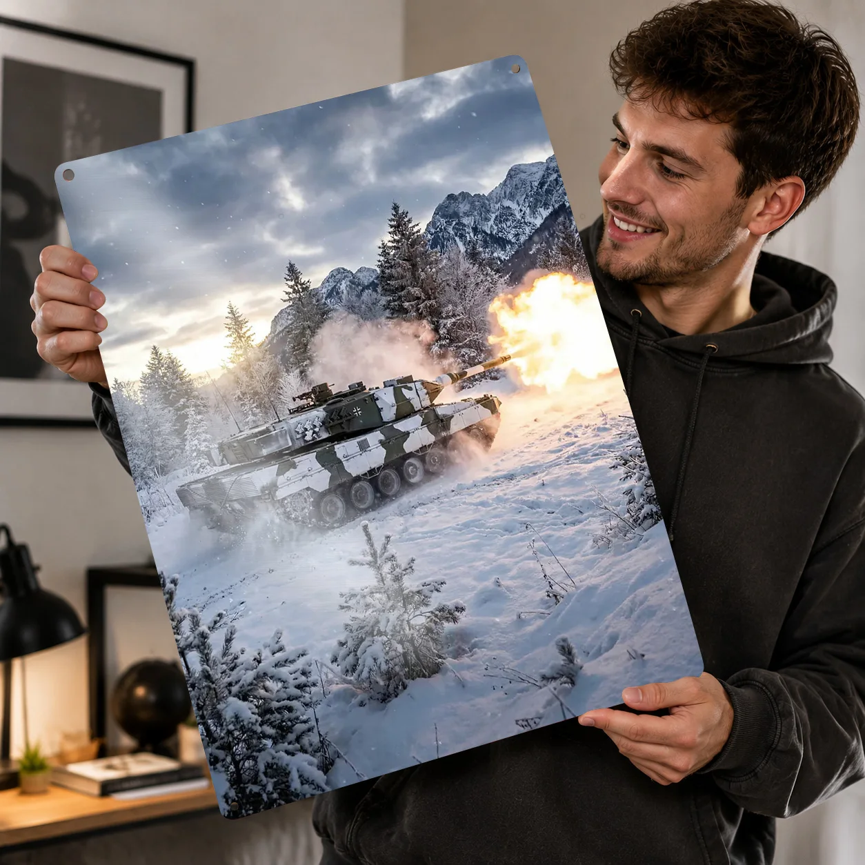 Leopard 2 Tank Fires in Snowy Mountains 3D Texture Metal Poster Customized Wall Art Tin Sign Gift for Mancave Living Room Decor
