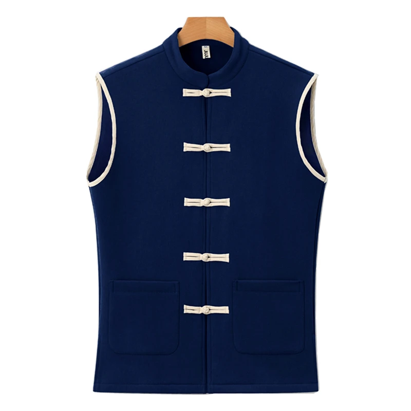 Winter Padded Sleeveless Vest Jacket Men\'s Chinese Wind Thick Vests Coats Blue White Gray Cotton and Linen Waistcoat