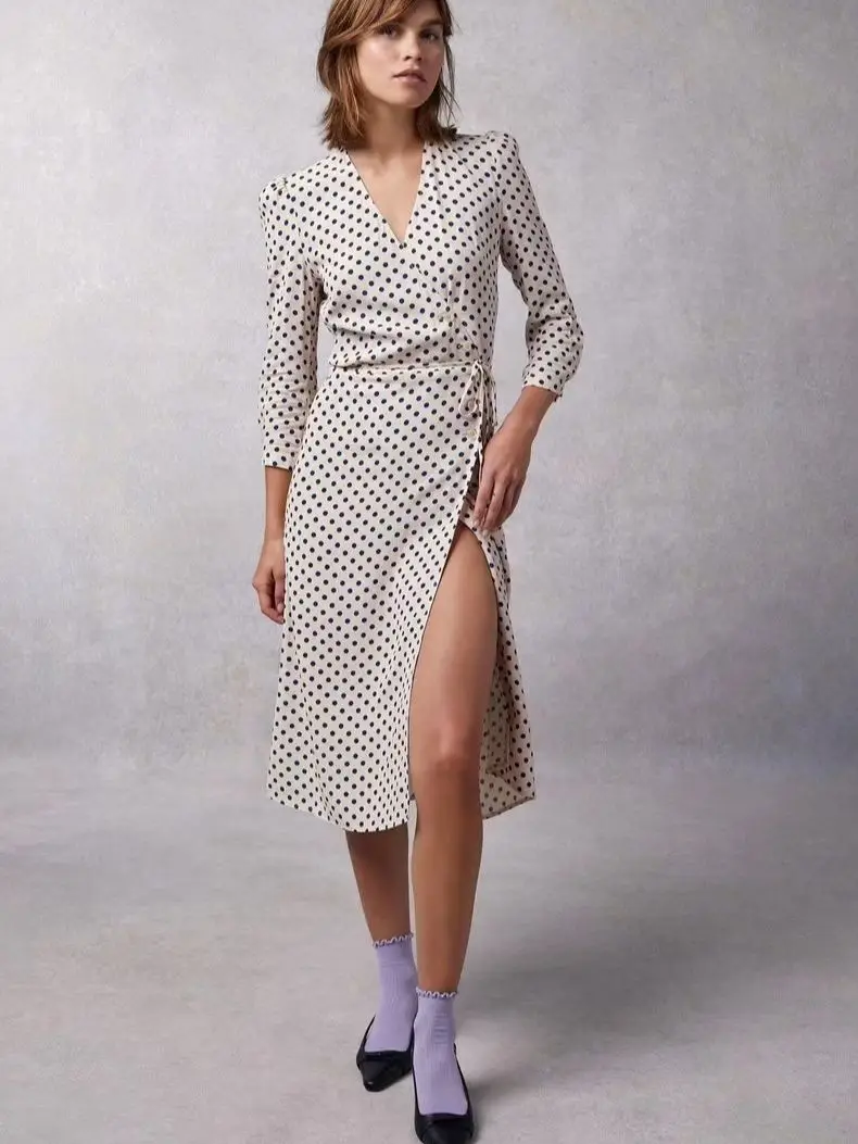 

Women Viscose Wrapped Dress Classic Polka Dot Print Waist Tie Tea Break Mid Length Dressses for Ladies Holiday 2023