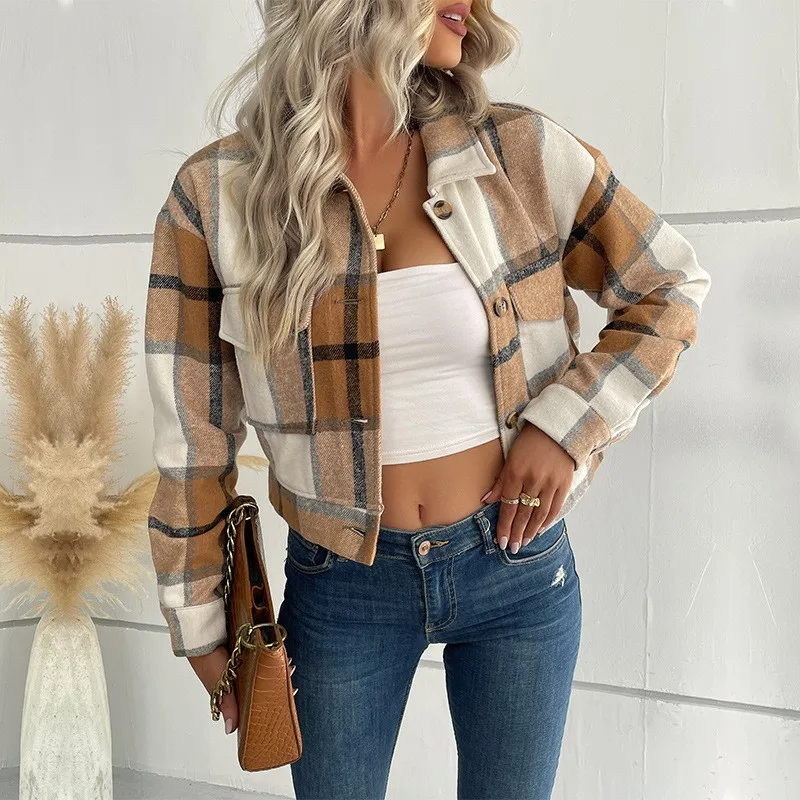 Women's Jacket Lapel Collar Long Sleeve Brown And Cream Oversized Fit Lightweight Woven Fabric Two Pocket Button Woman Clothing