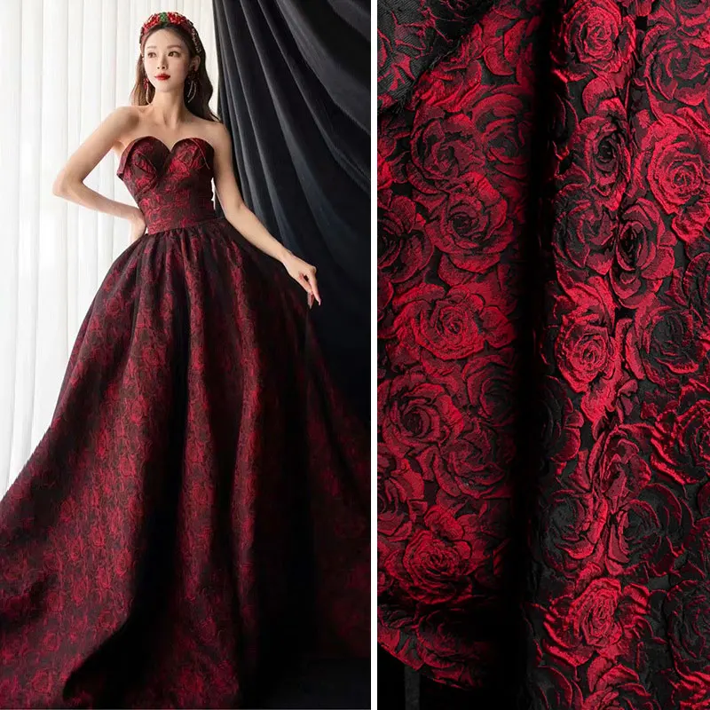 1x1.55cm Embossed Black Dark Red 3D Rose Jacquard Yarn Dyed Fabric for Women\'s Dress Suit Bag Diy Sewing Clothing