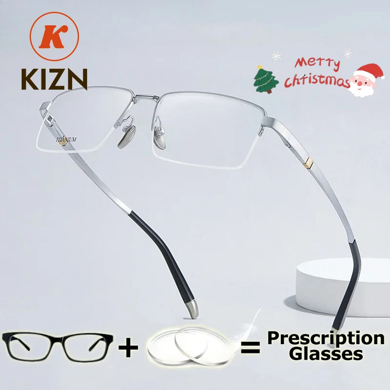 KIZN نظارات طبية للرجال عالية الجودة شبه حافة إطار نظارات من التيتانيوم النقي وصفة طبية لعدسات الرؤية متعددة البؤر واسعة Fi