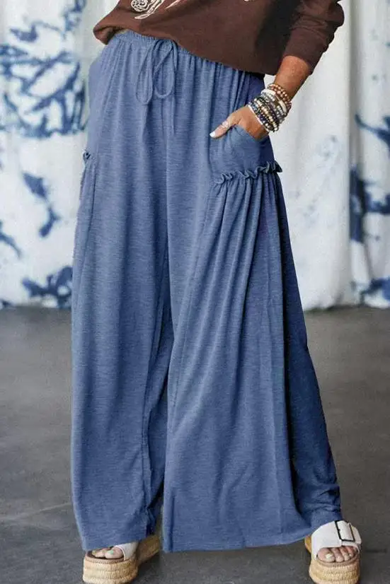 

Women's Pants Summer New Trendy Casual High Street Pleated Edge Design Low Waist Tie Up Versatile Daily Loose Wide Leg Pants