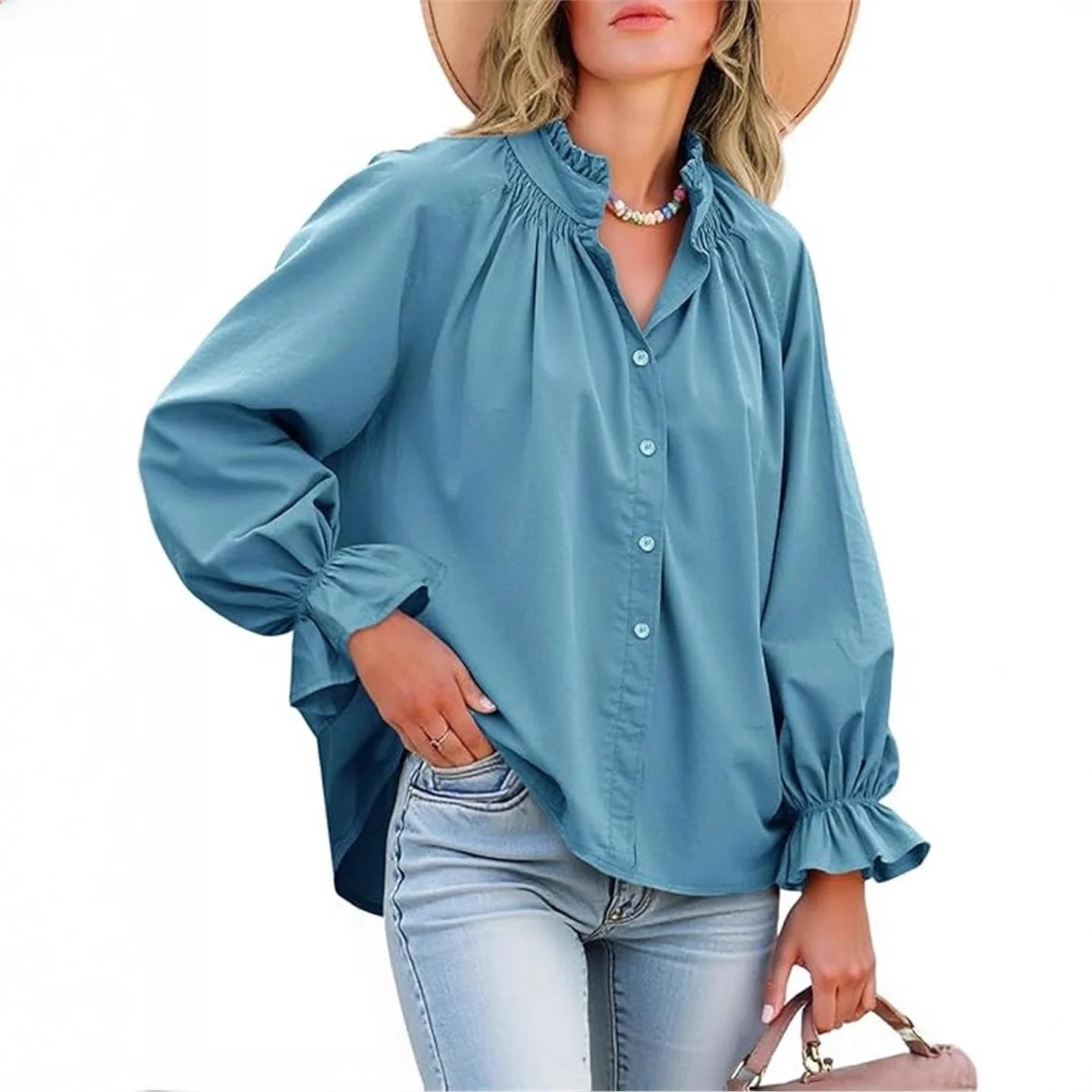 Casual Vacation Women's Shirt LinJ2026 Lantern Sleeve V-neck Lace Trim Blouse European Style Polyester A-line Narrow Strap Vest