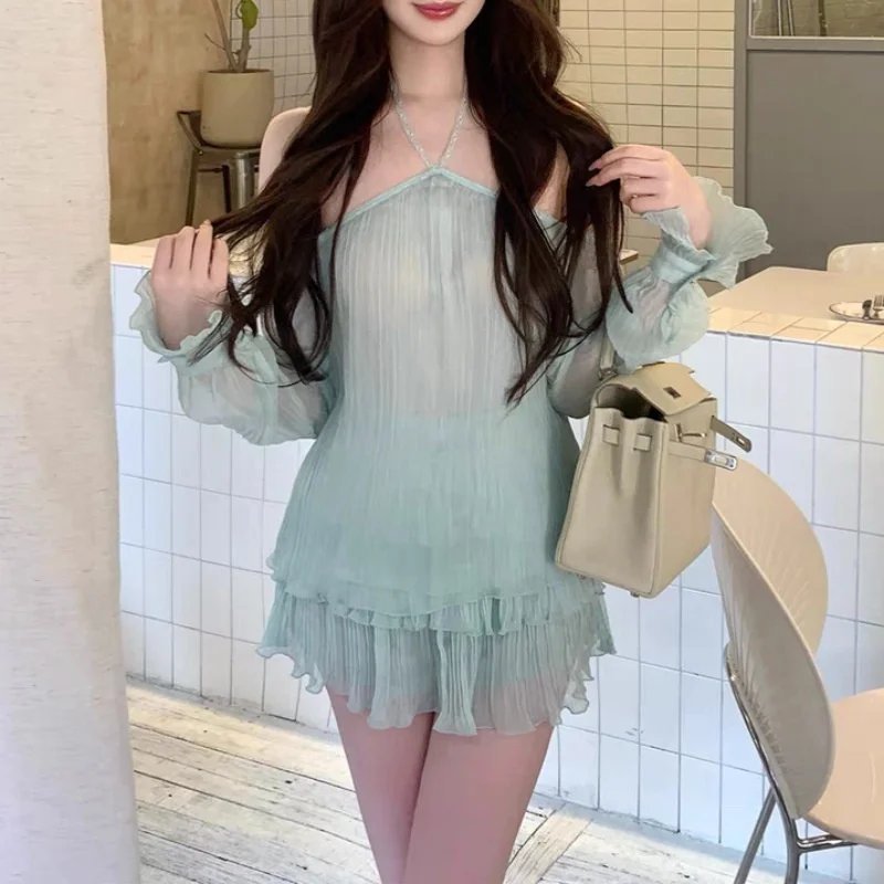 

Women Elegant Sexy Style Stripe Mint Green Halter Long Sleeve 2 Piece Sets Coquette Club Ruffles Dresses Mini Skirts