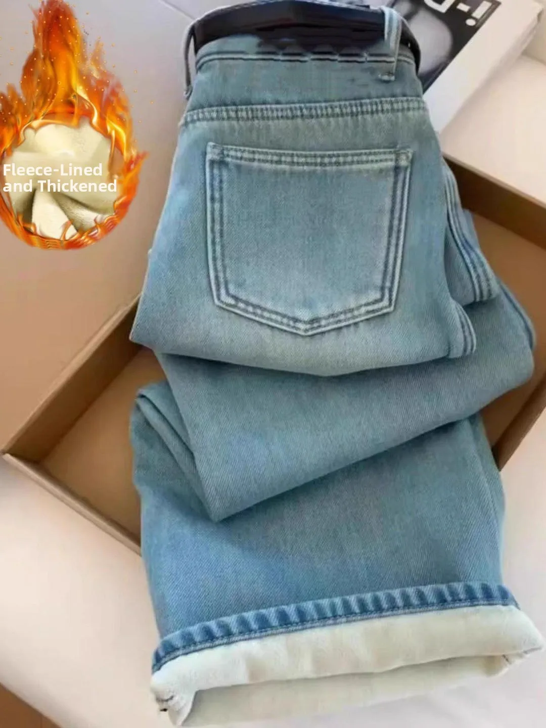 

Новые женские джинсы Slim Fit прямого кроя с подкладкой, с высокой талией, свободные, теплые, модные, осенне-зимние, синие