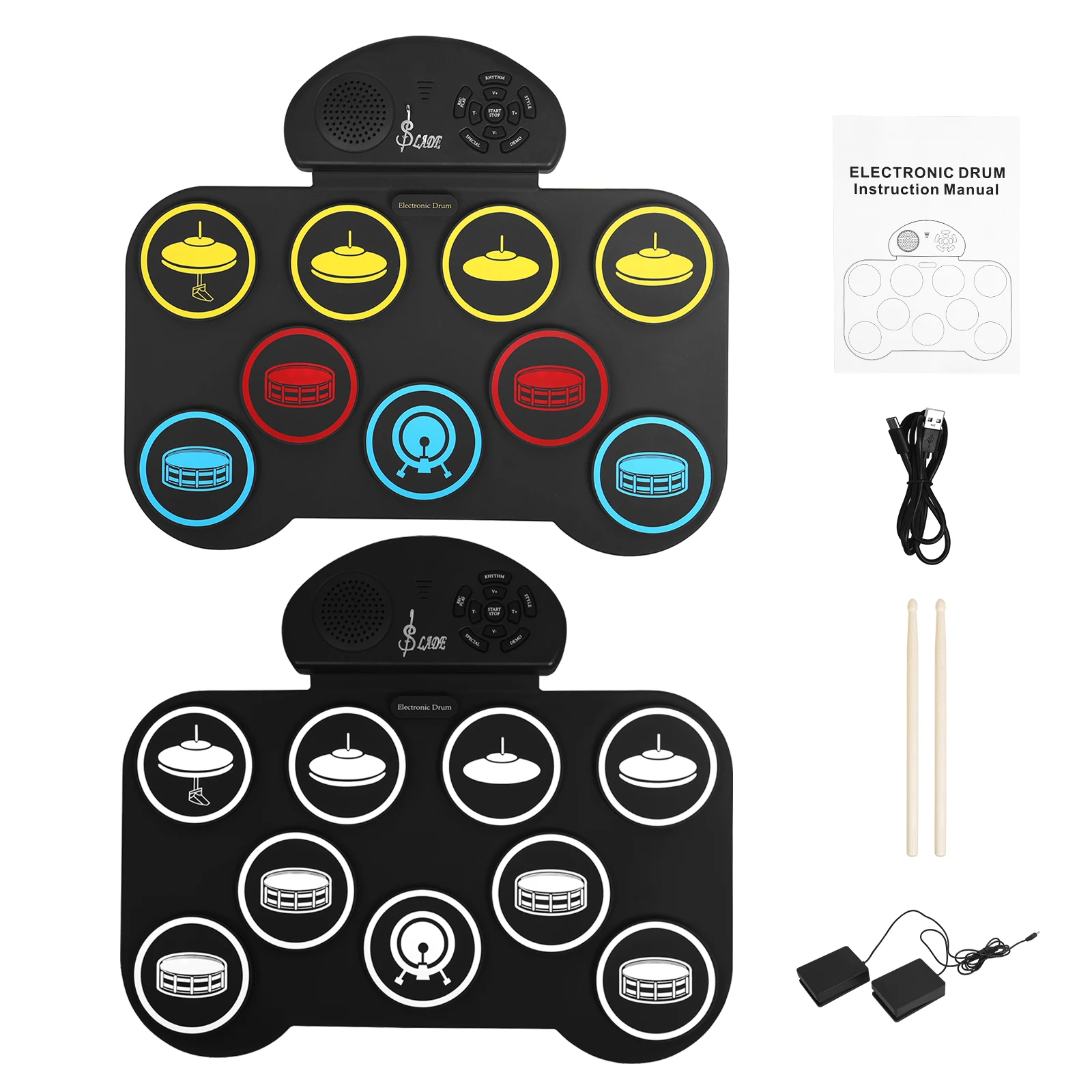 batterie-electronique-slade-5-futs-4-cymbales-9-pads-d'entrainement-kit-de-batterie-portable-enroulable-cadeaux-avec-baguettes-et-pedales