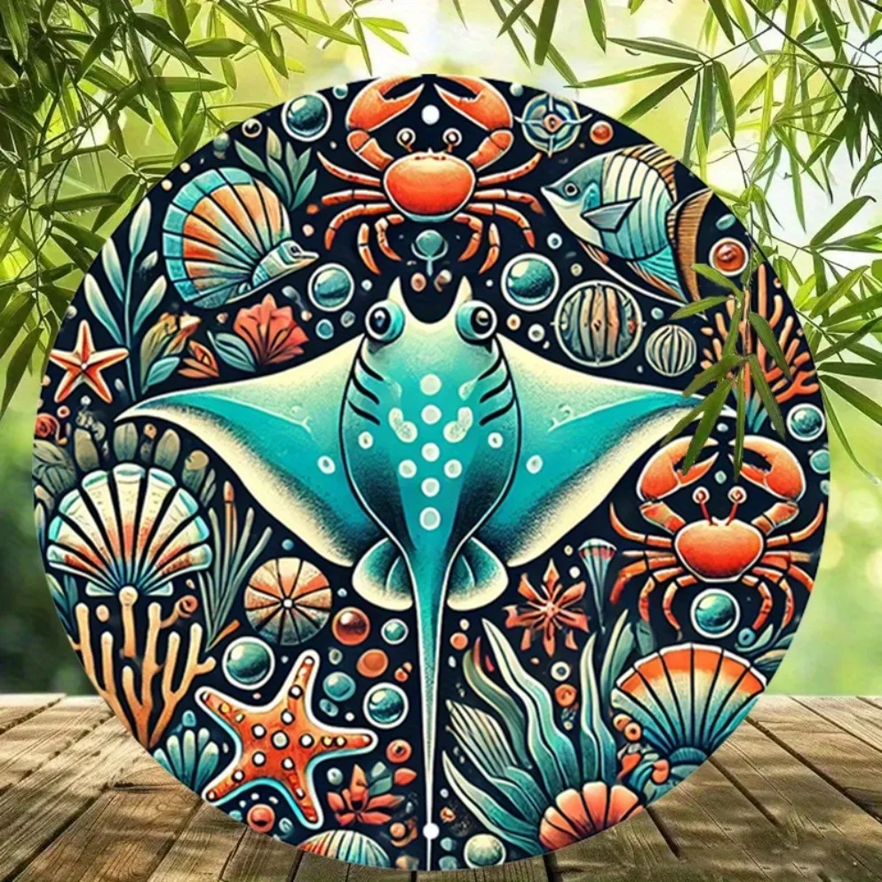 Vintage Manta Ray Ocean Metal Sign - Nautical Design with Starfish Coral Seahorse, Pre-drilled for Indoor/Outdoor Home Decor