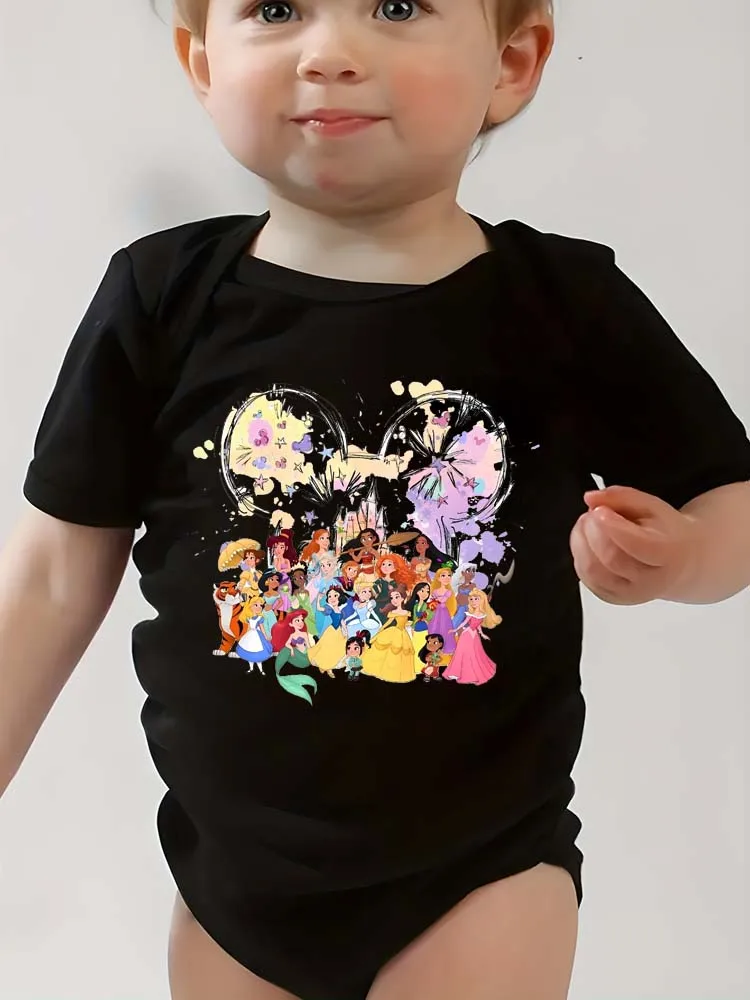 

Cartoon Toddler Girls Jumpsuits Princesses Castle Mickey Head Printed Newborn Clothes Baby Funny Short Sleeves Bodysuit