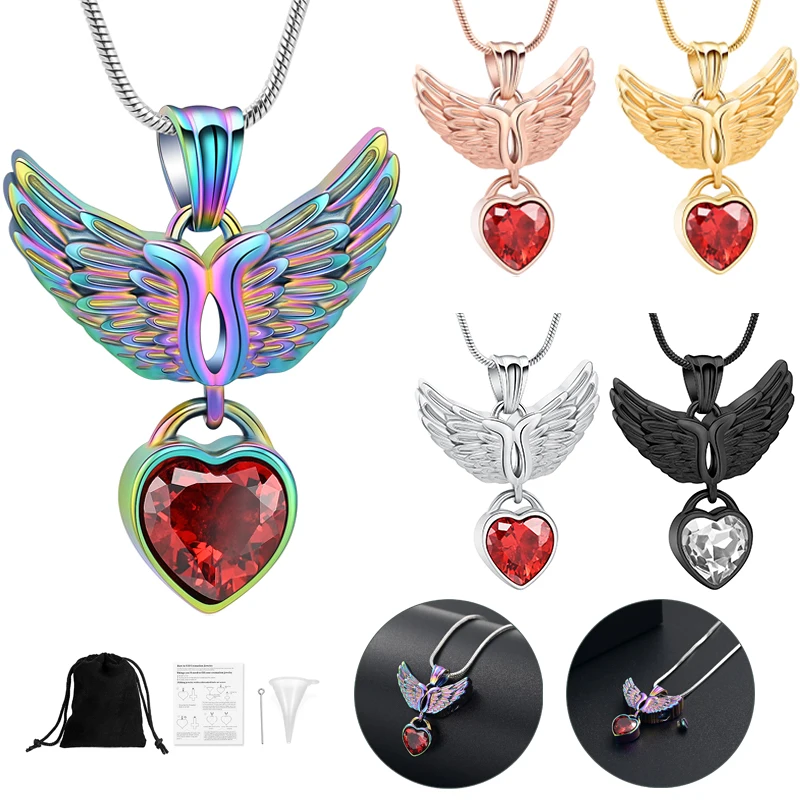 

Angel Wings Heart Urn Necklace for Pet/Human Ashes With Birthstones Urn Memorial Cremation Jewelry Keepsake