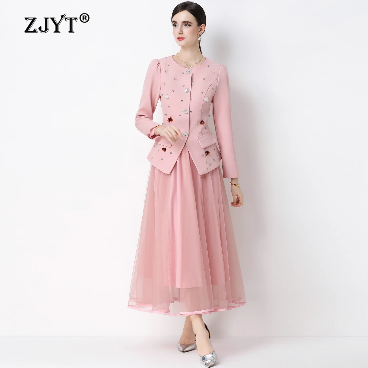 

ZJYT Elegant Ladies Suit Set Two Piece New In Matching Sets Pink Women's Outfit Party Festival Spring Dress Suit Jacket Skirt