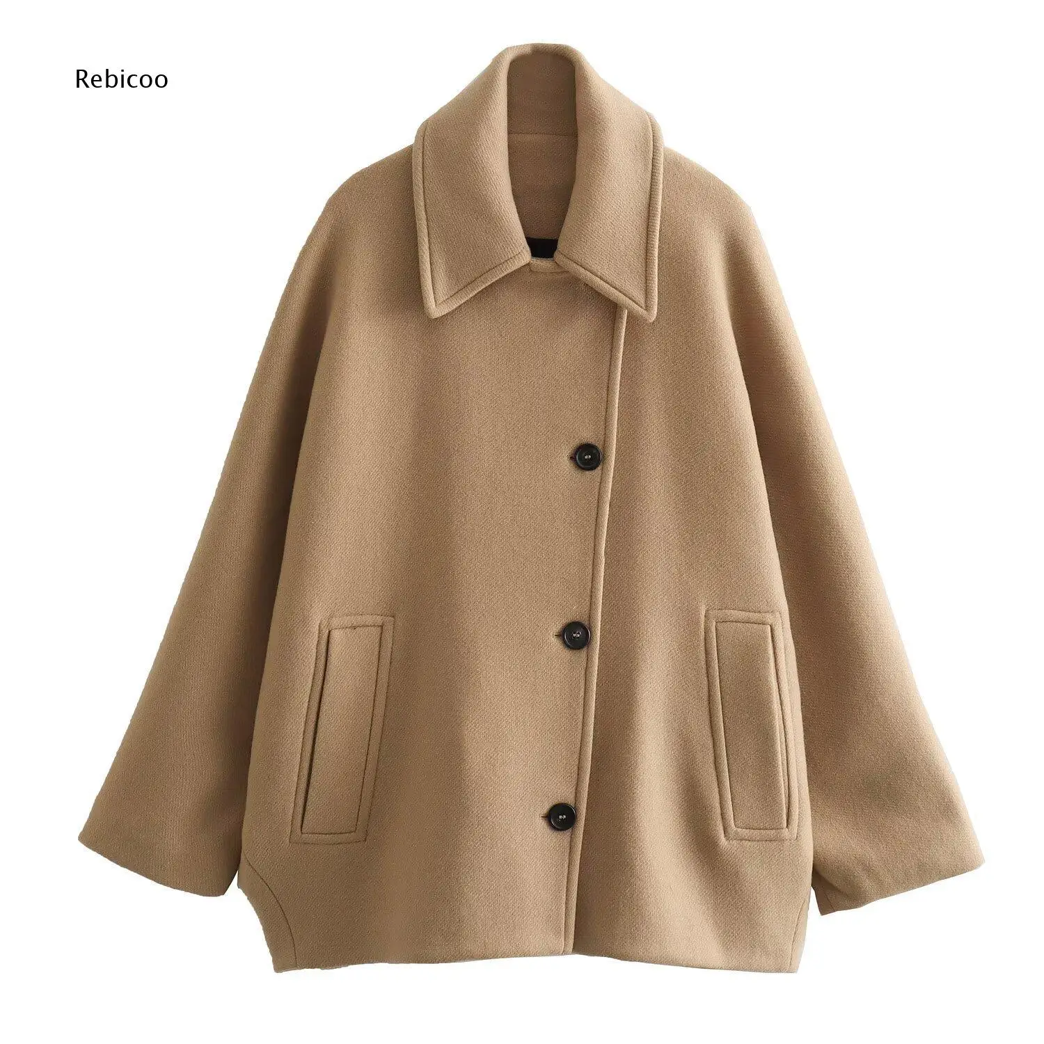Fall Winter Solid Wool Blend Coat For Women Lapel Collar Asymmetrical Buttons Side Pockets Relaxed Fit Long Sleeve Outerwear
