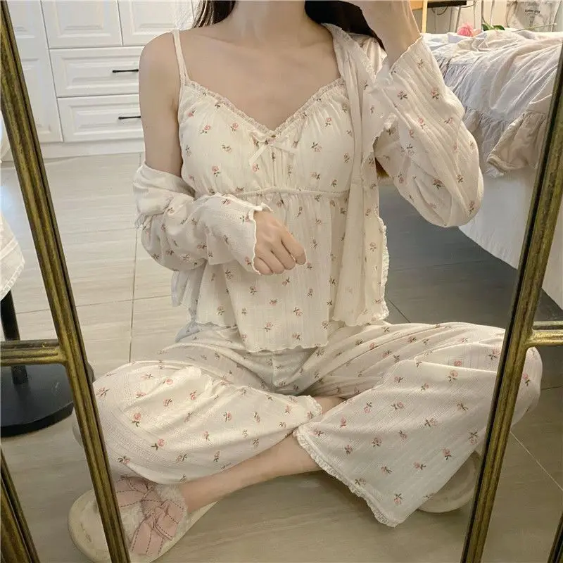 Pajama Sets Women Sweet Girls Sleepwear V-neck Floral Print Three-piece Set Pyjama Cute Preppy Casual Gentle Bow Pijama Mujer