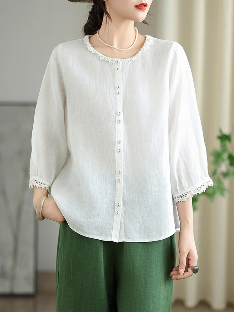 

Хлопково-льняная свободная женская блузка с цветочным декором, белая, весна-лето, повседневная, модная, художественная, с круглым вырезом, топ