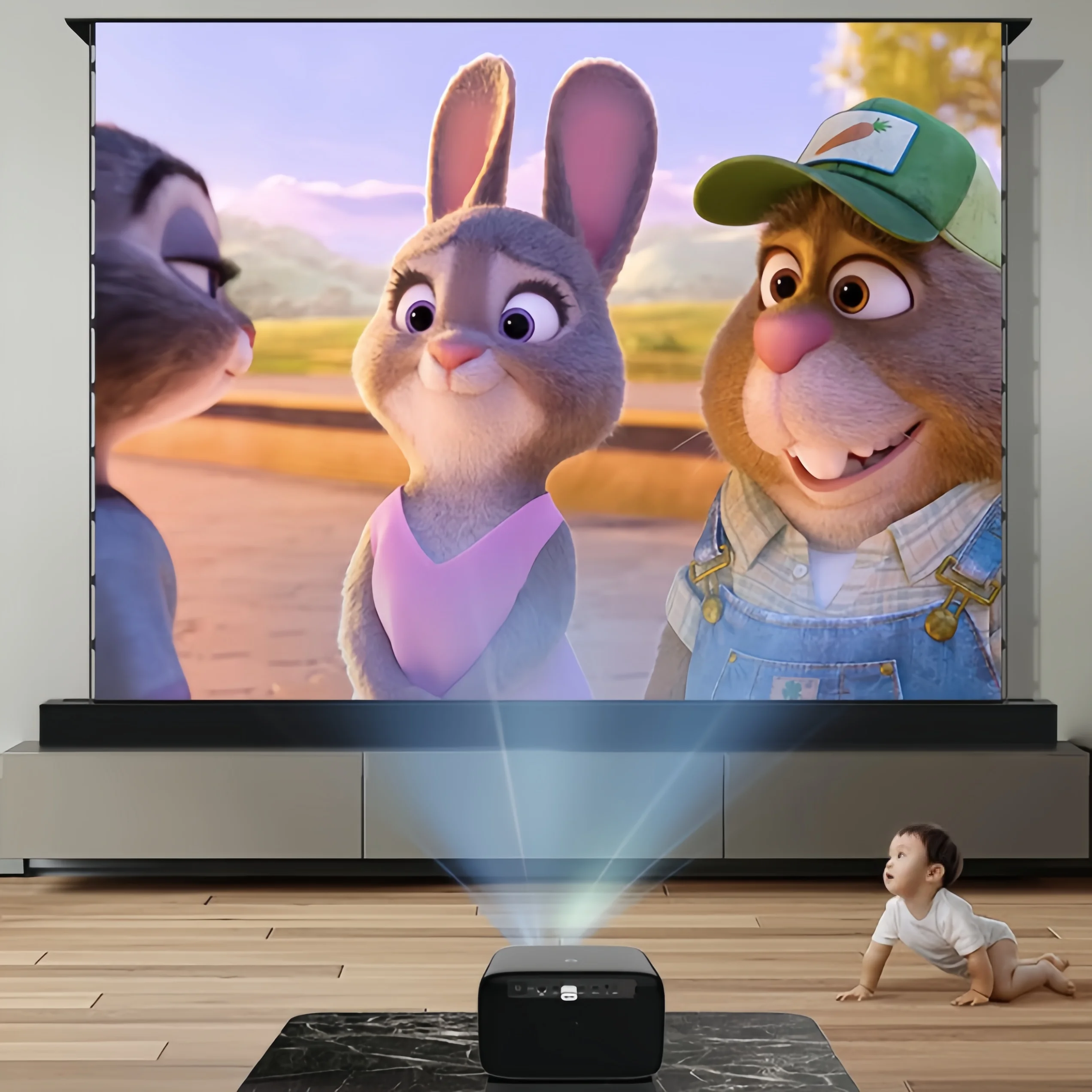 

120 Inch High Contrast Retractable Pull Up 4K Electric Motorized Cinema Floor Rising Projector Screen, White Cloth Projection