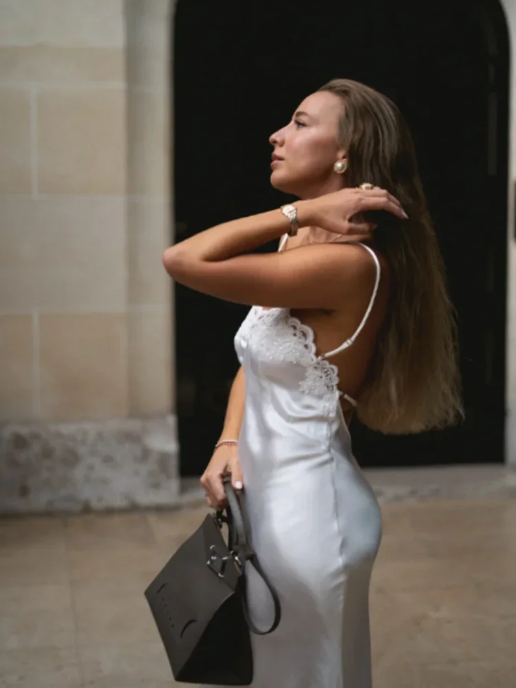 Vestido largo sexi de satén con cuello en V para mujer, vestido elegante de encaje blanco con retazos, sin mangas, sin espalda, vestido largo ajustado, vestidos de fiesta de noche elegantes