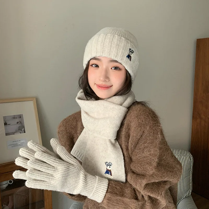Winter Embroidered Schnauzer Knitted Hat Cute Puppy Hat Scarf Fingerless Touch Screen Gloves Three-piece Set Warm Woolen Hat