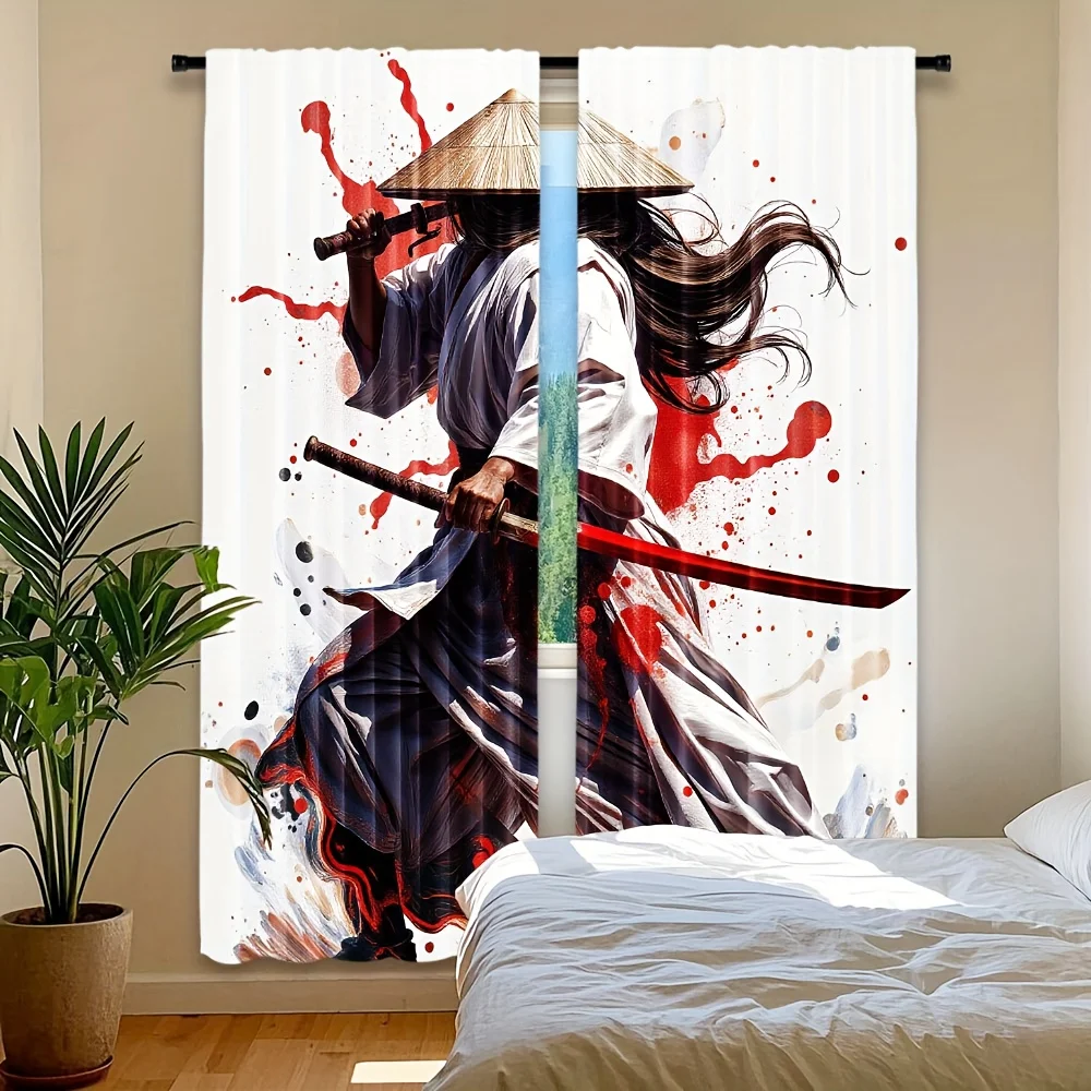 Samurai Warrior Curtains Japanese Anime Art Print Window Drapes Ninja Theme Home Decor Martial Arts Style Living Room Bedroom
