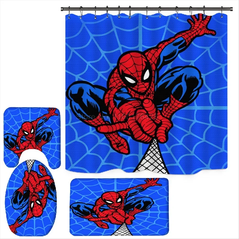 Shower Curtain Set Spiderman Waterproof Washable Polyester Bath Curtain Anti-slip Rugs Toilet Lid Cover Bath Mat Set