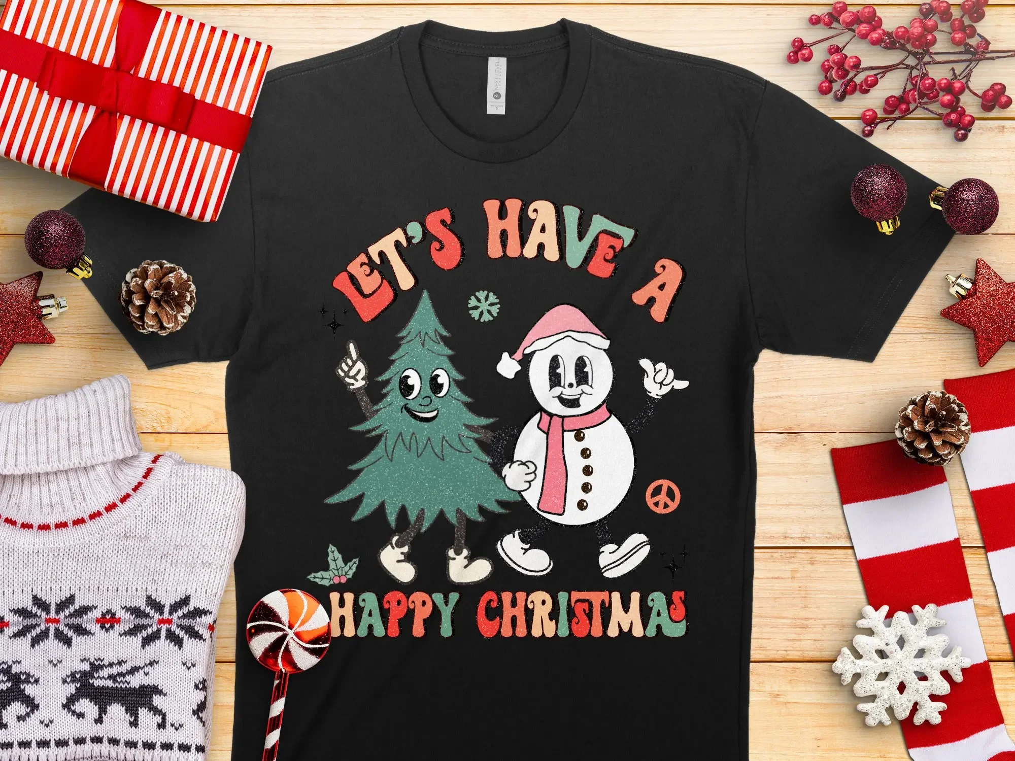 Let'S Have A Happy Disressed Retro Vintage Print T Shirt Winter Wonderland Secret Santa Christmas Holiday Present