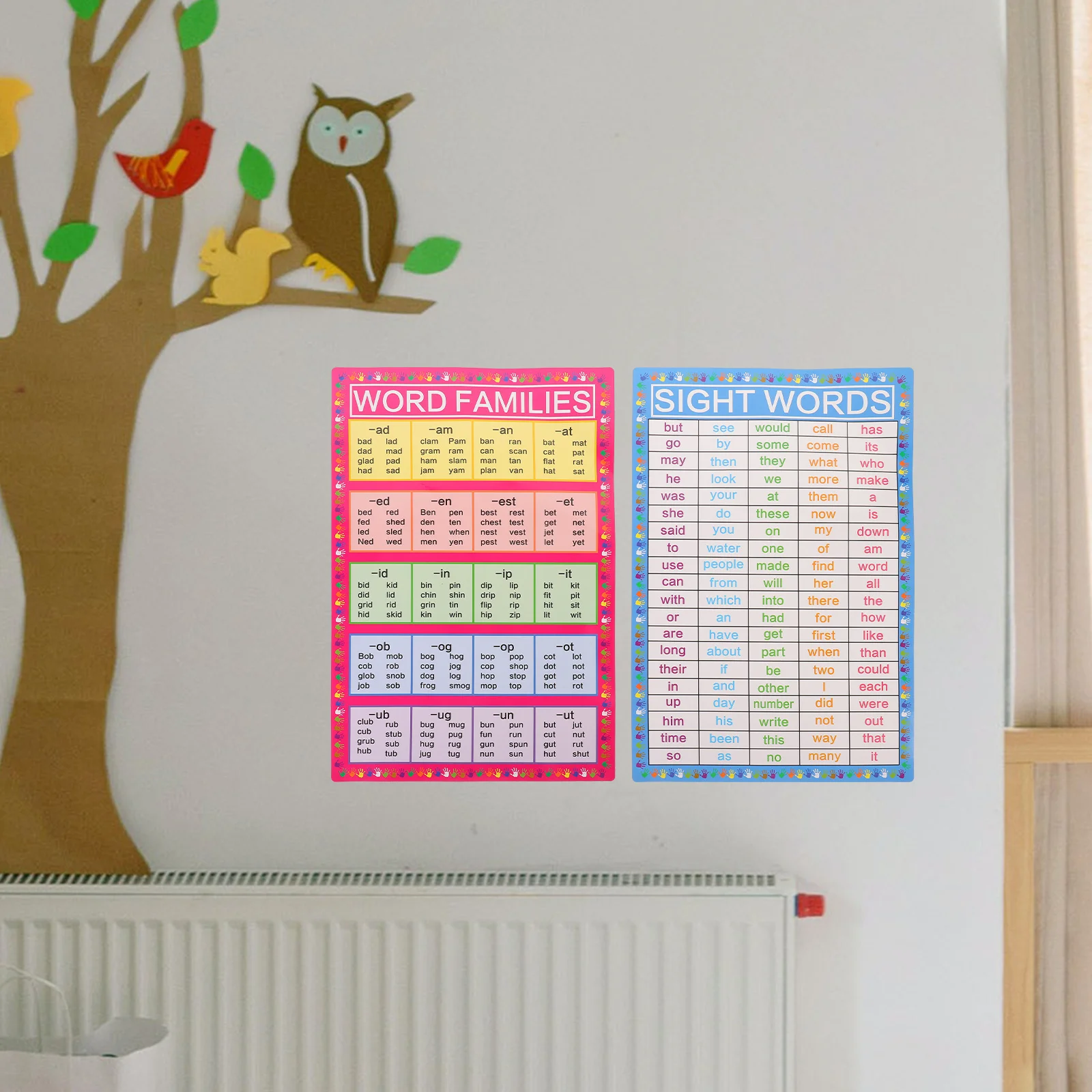 Cartoon-Englisch-Unterricht, 2 Blatt, helle pädagogische visuelle Poster für Kinder, Heimschulbedarf, Wandlerndekoration