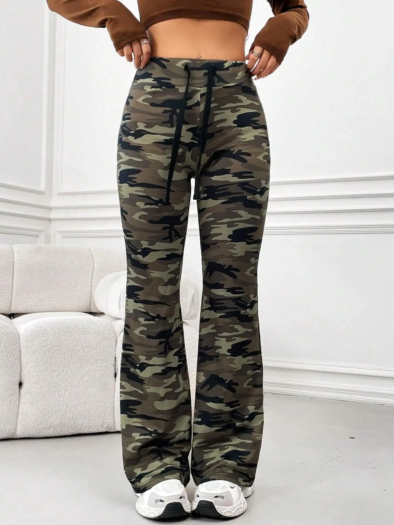 

Women's Camo Print Drawstring Waist Flared Pants - High Elastic Comfort Fit