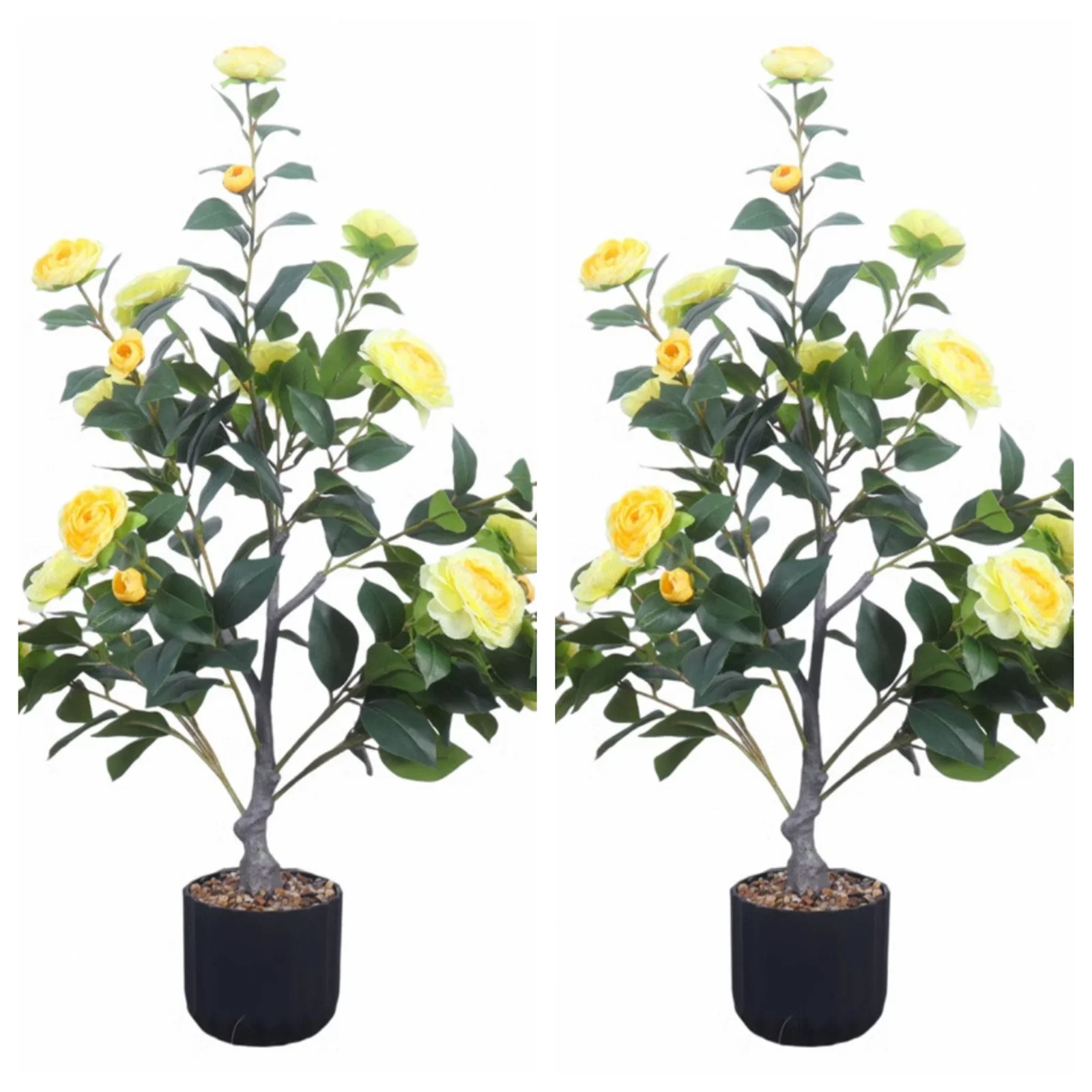 2 Pack Artificial Camellia Flower Plants Artificial Tree, 35inch Faux Floral Plant Blooming Camellia with Yellow Blossom Indoor