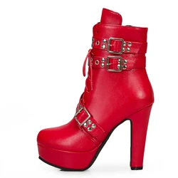 Women Ankle Boots Platform Lace Up High Heel Short Women Boots Buckle Red Yellow White Round Toe Sexy Ladies Shoes Large Size 48