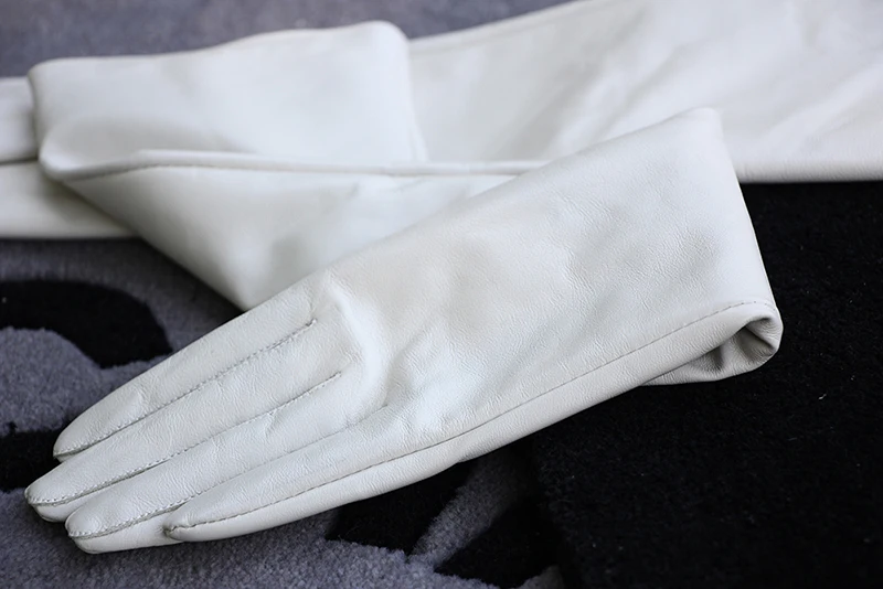 50cm New Genuine Leather White Women's High Grade Party Mittens Sheepskin Lady Winter Velvet long Gloves Creamy Ivory Snow White