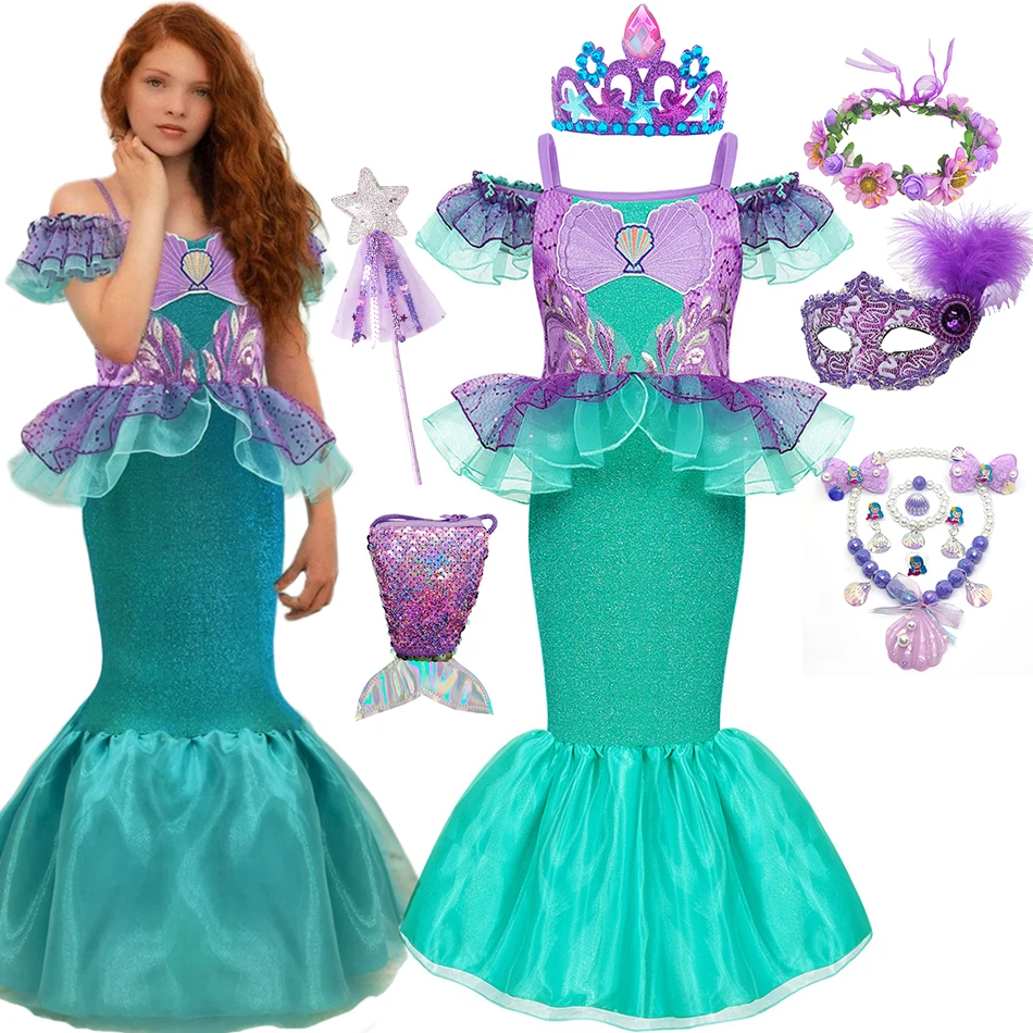 Abito a sirena in pizzo di lusso bambina ricamo a coda di pesce Costume da principessa Kid Birthday Party outfit bambini Ruffle Fancy Sets