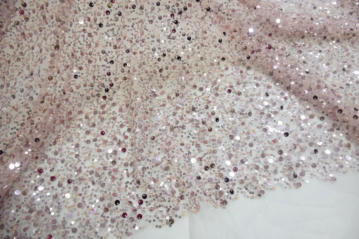 1 Yard Pink Sparkle Tulle Lace Fabric with Shinning Sequined and French Beads for Party DIY Sewing, Wedding Dress Accessories