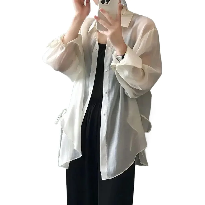 Cardigan con protezione solare in seta di ghiaccio Estate Nuovo top in chiffon versatile sottile allentato Protezione UV Camicia da donna a maniche lunghe in tinta unita