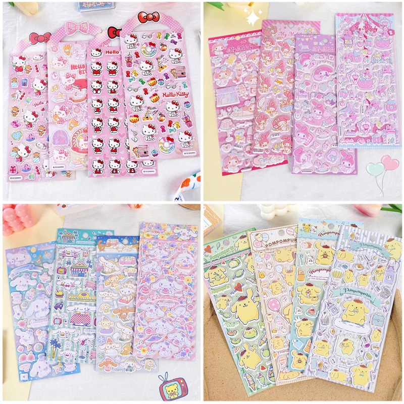 4pcs Sanrio Stickers Anime Cartoon Hello Kitty Pochacco Kuromi Cinnamoroll Melody Guitar Phone 3d Stereo Bubble Sticker Kids Toy