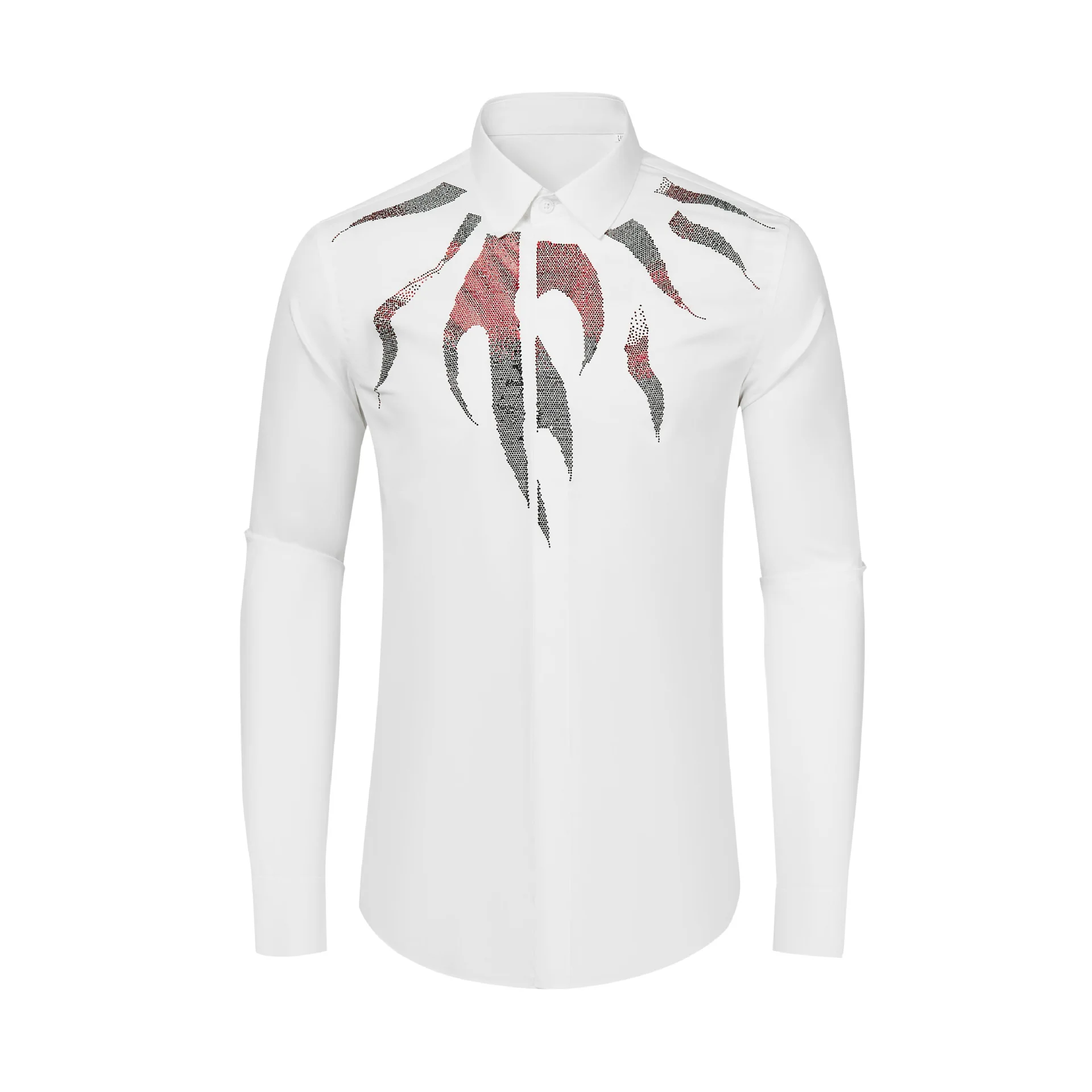 

Новый продукт: мужская рубашка с длинными рукавами и рисунком олимпийского ромбовидного пламени, модная облегающая трендовая хлопковая вращающаяся рубашка.