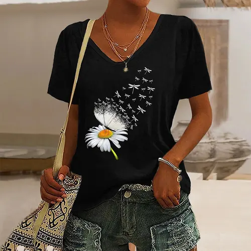 Imagen 2 del producto Camiseta de mujer con estampado gráfico de diente de león y mariposa, manga corta, cuello en V, moda informal Y2k, ropa de verano de gran tamaño para calle