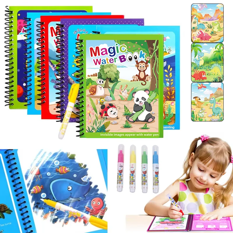 หนังสือวาดภาพระบายสีน้ำสำหรับเด็ก 1 เล่ม พร้อมปากกาเติมน้ำได้ สำหรับเด็ก หนังสือวาดภาพการ์ตูนสัตว์ ของเล่นเสริมพัฒนาการ