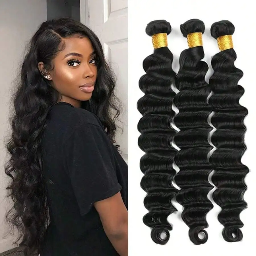 Loose Deep  Wave Human Hair Bundles Brazilian Remy Virgin Hair Thick Double Drawn Weave Extensions Natural Black Color For Women