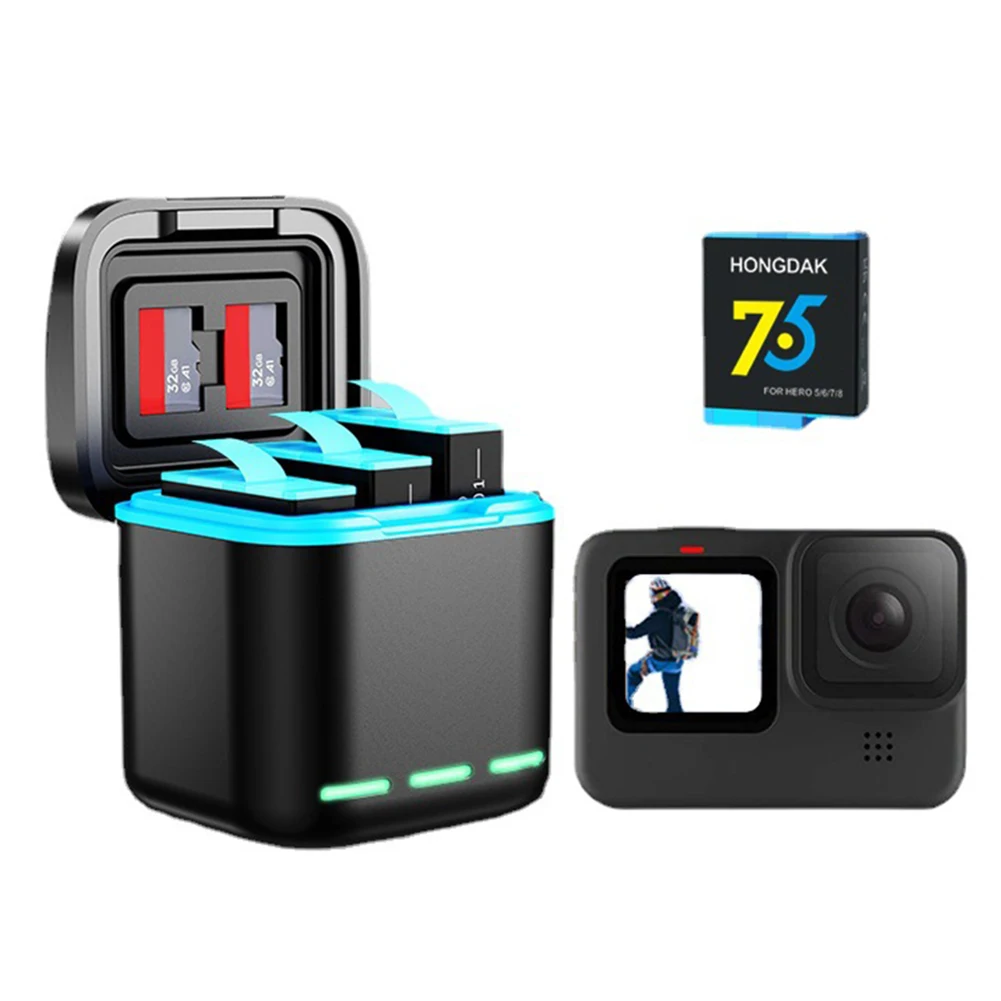 3-Channel Battery Charger 2 SD Slot Batteries Storage Case Charging Station for GoPro Go Pro Hero 8 7 6 5 Camera Accessories