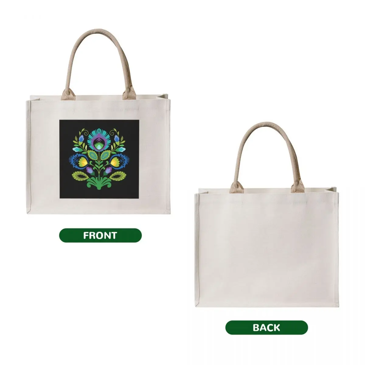 Polish Folk Flowers Teal on Black Tote Bag bags luxury women custom canvas bag Women bags